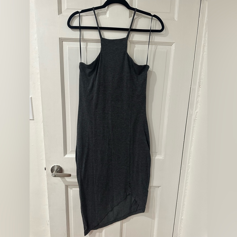 like new express midi dark grey dress asymmetrical bottom